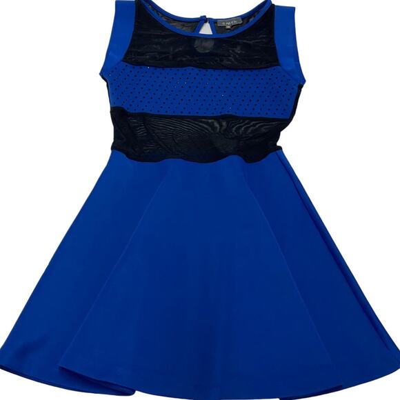 Gracia Dress Womens Medium Blue Black Mesh Rhinestone Studded Fit Flare Mini - Picture 1 of 10